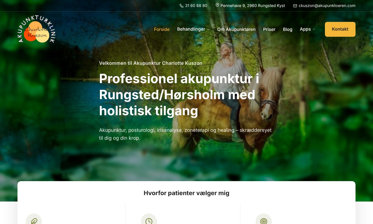 Screenshot af hjemmeside bygget til Charlotte Kuszon, akupunktør i Rungsted Kyst